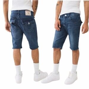 True Religion Mens Ricky Relaxed Straight Denim Shorts Dark Lagoon Wash Size 34